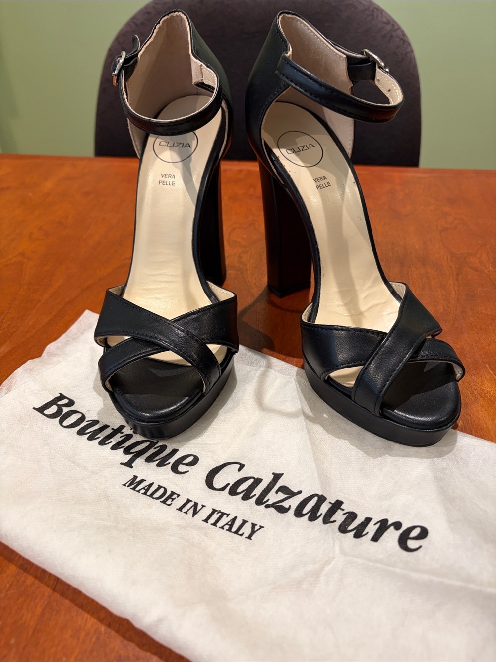 Vera Pelle Black Leather Platform Heels with Ankle Strap size 38